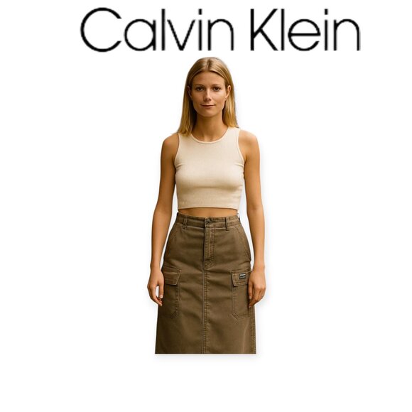 Vintage Rare 90s Y2K Olive Cargo Utility Maxi Skirt by Calvin Klein size L EUC - Picture 1 of 13